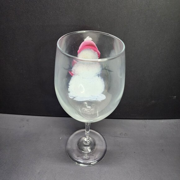 Hand Painted Pink Snowman Stemmed Wine Glass Winter Christmas 9'' Tall - Picture 3 of 5